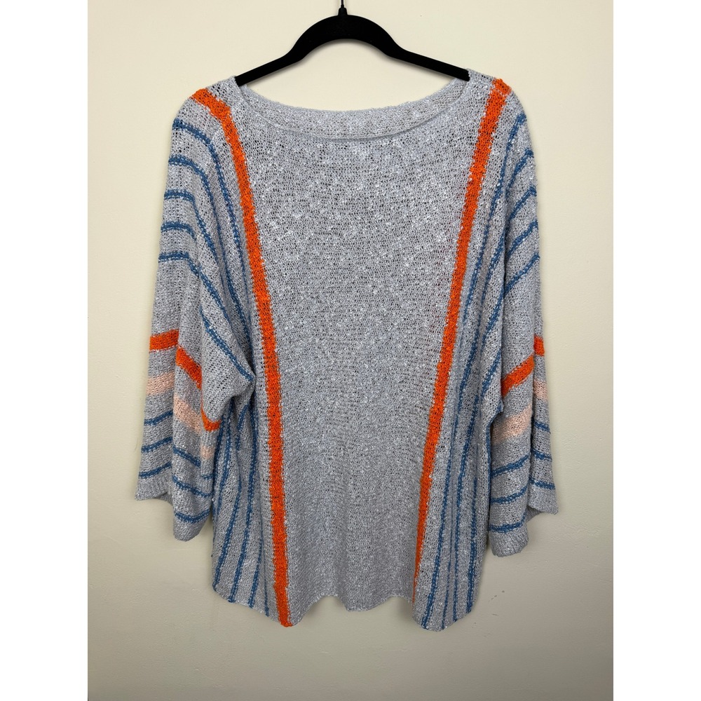 2XL Gray Blue Orange Striped Lightweight Knit Sweater Oversized Boho